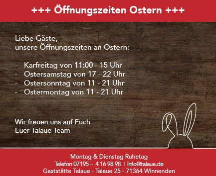 Öffnungszeiten Talaue Ostern 2026